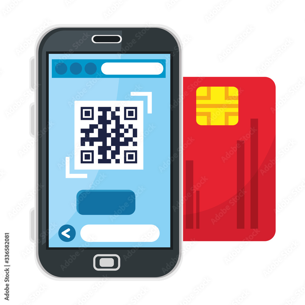Poster qr code inside smartphone and credit card design of technology scan information business price commu