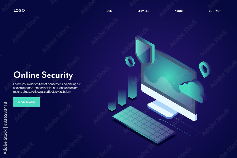 Poster online security, isometric design infographic with neon style effect. data protection, cyber securit