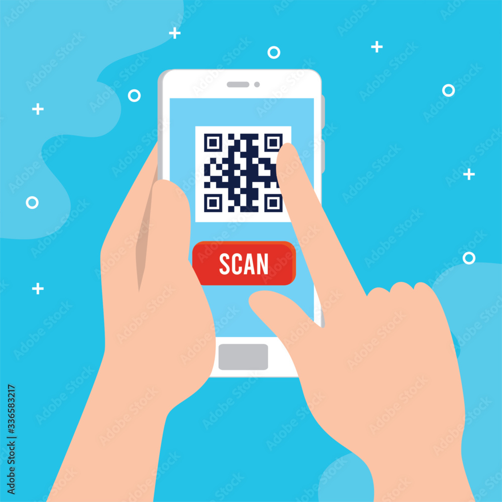 Poster hands holding qr code inside smartphone design of technology scan information business price communi