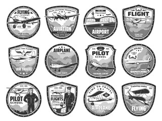 Aviation, air travel, international airport and pilot school vector icons. Aviation academy, airplane flight tours, air travel tickets, passenger service and airlines dispatching service company © Vector Tradition