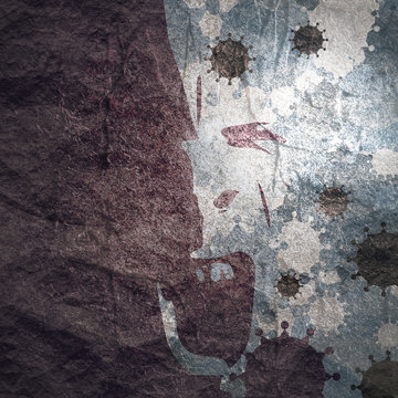 Silhouette Of A Zombie Head. Health Relative Brochure, Report Or Leaflet Design Template. Scientific Medical Designs. Virus Outbreak Concept. Group Of Viruses On Backdrop. Double Exposure Effect