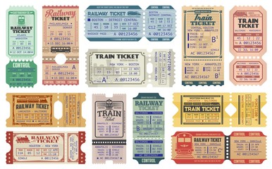 Railway tickets, vector train travel passes, vintage cardboard and carton paper tickets. USA American railway train tickets to central station destination city, seat number and control stamps © Vector Tradition