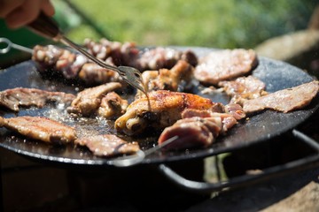 grilled shrimp on a grill. barbecue meat isolated