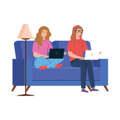 women working in telecommuting sitting in couch vector illustration design