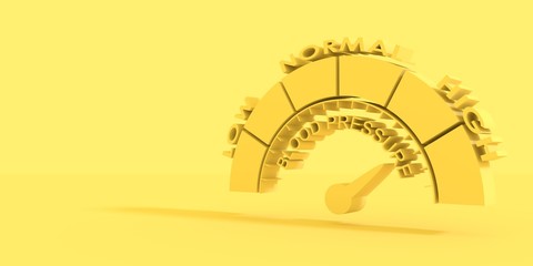 High blood pressure concept. Scale with arrow. The measuring device icon. Infographic gauge element. 3D rendering