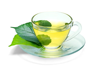 green tea with transparent cup isolated on white background ,include clipping path