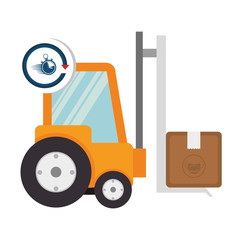 box package cargo in forklift with chronometer vector illustration design