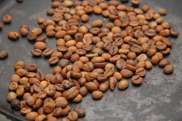 Green coffee beans roasting on the black pan