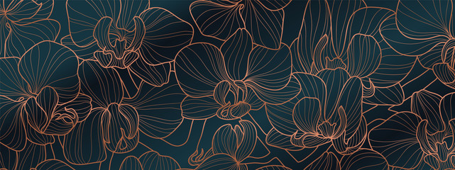 Luxury Orchid wallpaper design vector. Tropical pattern design,Blossom floral,  Blooming realistic isolated flowers. Hand drawn. Vector illustration. - obrazy, fototapety, plakaty