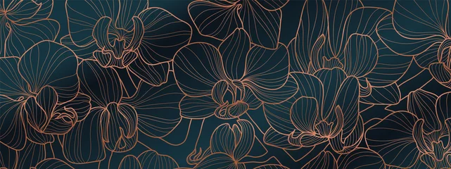 Schilderijen op glas Luxe orchidee behang ontwerp vector. Tropisch patroonontwerp, bloesem bloemen, bloeiende realistische geïsoleerde bloemen. Hand getekend. Vector illustratie. © TWINS DESIGN STUDIO
