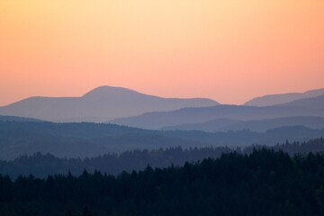 Western Beskids at sunrise. Lubovnianska vrchovina, Slovakia.