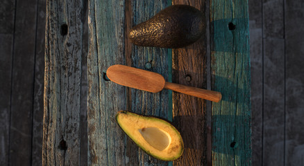 avocado decorated on wood with wooden shovels