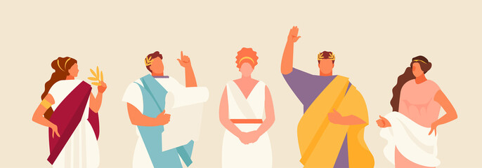 Romans men and women in historical costumes. Character template vector illustration