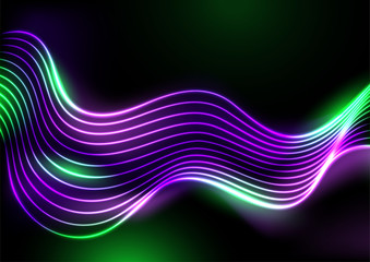 Violet and green neon glowing waves abstract background. Futuristic vector design