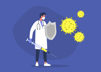 Young male doctor fighting the virus with a sword and shield, healthcare, the immune system, vaccination