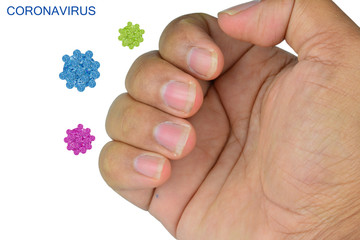 Close up dirty hand nail with icon of Coronavirus 2019 (COVID-19). Concept of virus in dirty nail , nail clippers to clean hand and prevent coronavirus.
