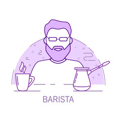 Barista outline cartoon character with a cappuccino and coffee pot.Hot drink. Line art  vector.