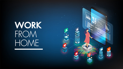 Stay at home technology isometric background with character. Work from home remotely to prevent spread of COVID-19 using laptop computer in home health concept.Protection from infection.Flat vector.