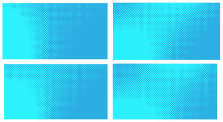 Fototapeta premium Blue pop art background. Abstract creative vector comics style blank layout template with clouds beams and isolated dots pattern. Set for sale banner, empty polka dots bubble.