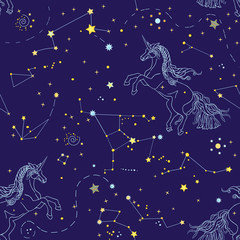 Romantic seamless pattern with cosmos and linear contour unicorns on the blue background. Vector illustration