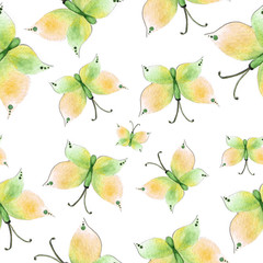 watercolor seamless pattern with yellow  butterflies on white background
