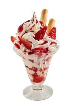 Tasty strawberry and vanilla ice cream sundae