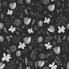Seamless pattern with spring flowers on  black background