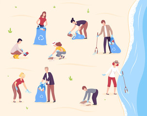 People Collecting Trash into Plastic Bags, Volunteers Cleaning the Beach From Pollution Vector Illustration