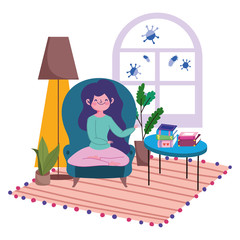 stay at home, girl sitting in chair with books on table room cartoon