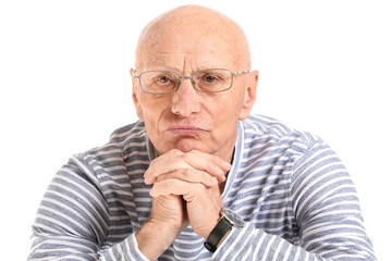 Portrait of sad elderly man on white background