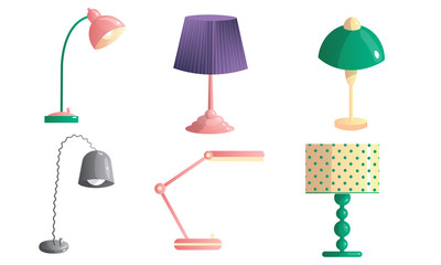 Set of table lamps of different shapes and colors. Vector illustration in flat cartoon style.