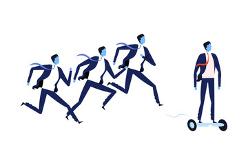 Successful Businessman Riding on Gyroboard Ahead of His Competitors, Competition, Leadership, Startup Vector Illustration