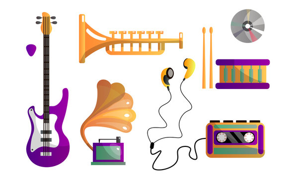 Set of different modern musical instruments and tools for playing and listening to music. Vector illustration in flat cartoon style.