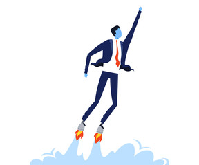 Businessman Flying with Jet Engine under Shoes, Startup, Business Success, Leadership Concept Vector Illustration