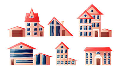 Fototapeta na wymiar Set of modern beautiful urban multi-story houses with red roofs in different shapes. Vector illustration in flat cartoon style.