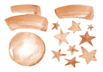 A set of gold stars and blots of different shapes and sizes. Watercolor illustration