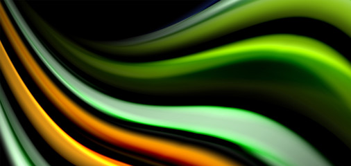 Abstract silk smooth lines on black, multicolored liquid fluid rainbow style waves on black