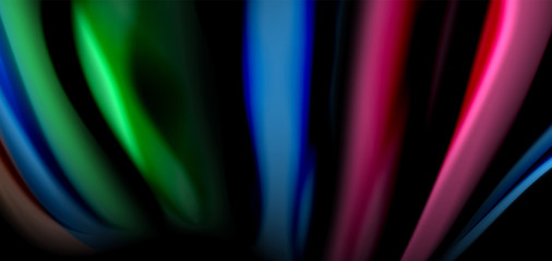Abstract silk smooth lines on black, multicolored liquid fluid rainbow style waves on black