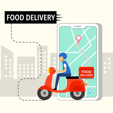 Online food order and food delivery service vector illustration. Fast food, grab food, Uber eat design template for landing page, web, mobile app, poster, flyer. Express delivery to your home.