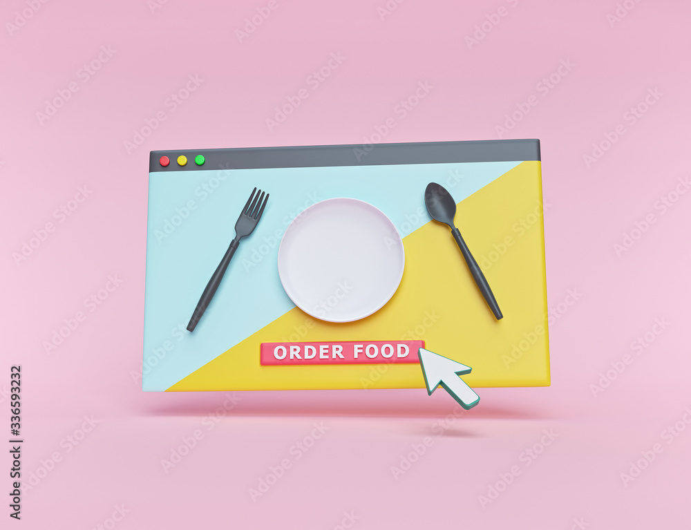 Poster plate, spoon and fork on a webpage window. order food online concept. minimal design. 3d rendering
