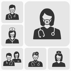 Doctor wearing a mask icons set. Vector illustration isolated.