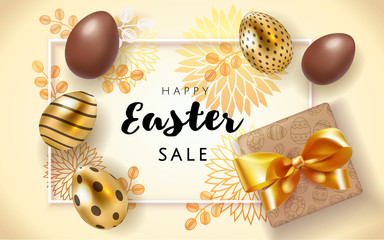 Happy Easter sale poster background with realistic golden and chocolate decorated eggs and flower pattern with gift box. Greeting card trendy design. Invitation template Vector illustration