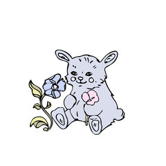 Cute bunny and flowers. Color vector illustration. Hand drawn. Isolated on a white background.