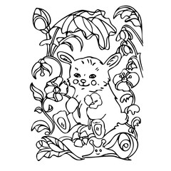 Coloring page. Cute bunny and flowers. Vector illustration. Hand drawn.