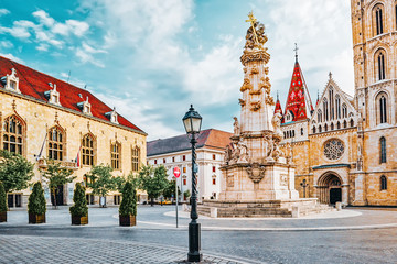 Obraz premium Holy Trinity Column near St.Matthias Church in Budapest. One of the main temple in Hungary