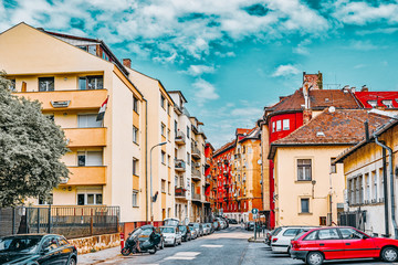 BUDAPEST, HUNGARY-MAY 03, 2016: Beautiful landscape  urban view of the Budapest, street, live apartament's people on street's. Hungary.