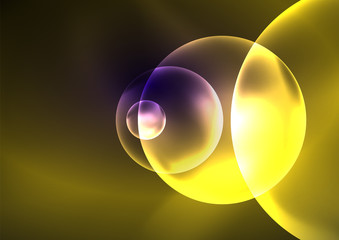 Glowing neon shiny transparent bubbles, glass circles or bio cell concept. Techno futuristic vector abstract background For Wallpaper, Banner, Background, Card, Book Illustration, landing page
