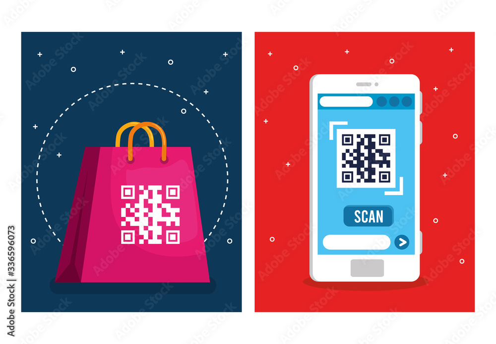 Poster qr code over shopping bag and smartphone design of technology scan information business price commun