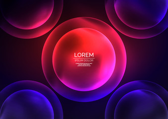 Glowing neon shiny transparent bubbles, glass circles or bio cell concept. Techno futuristic vector abstract background For Wallpaper, Banner, Background, Card, Book Illustration, landing page
