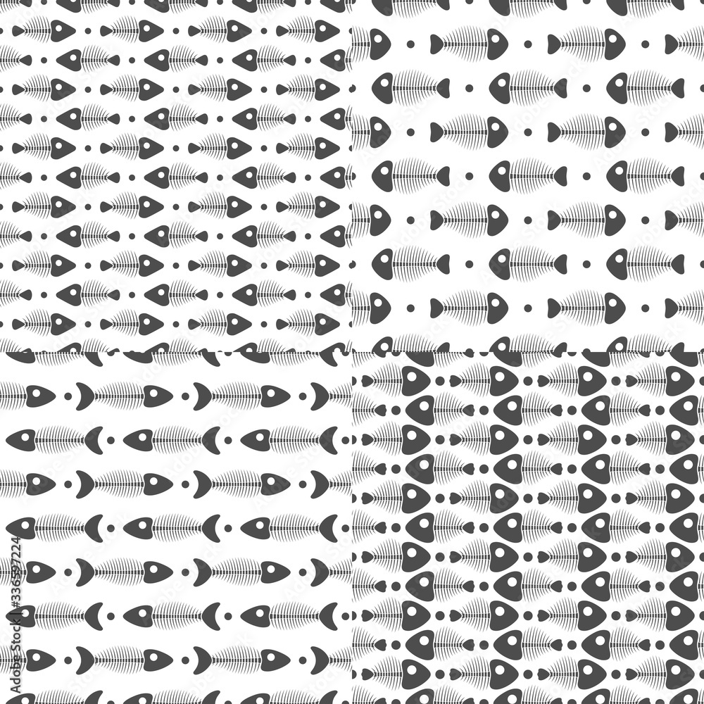 Aufkleber set of seamless vector patterns with fish skeletons. black and white vector backgrounds.
